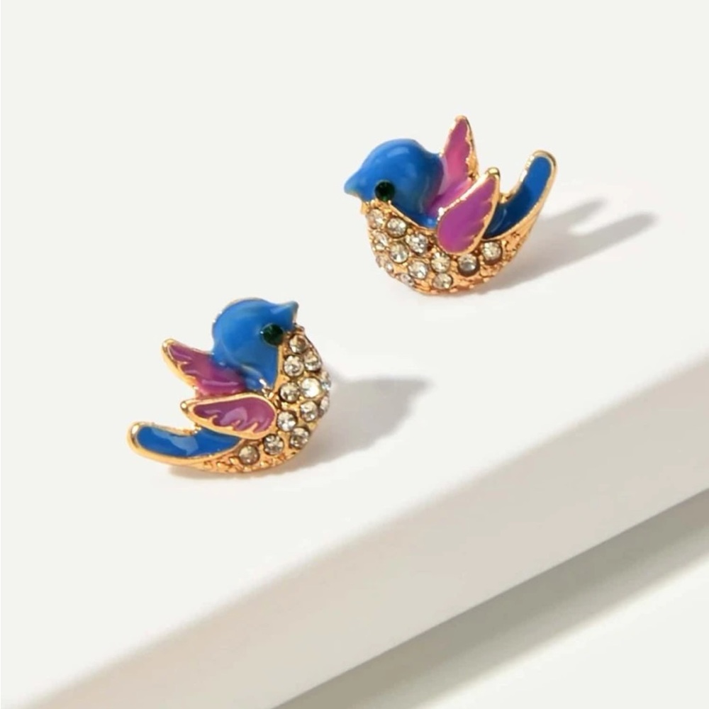 BLUE BIRD RHINESTONE MINIMALIST STUD EARRINGS, Cinderella Birds Earrings